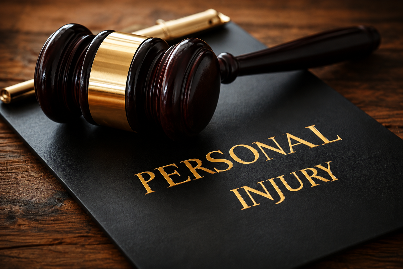 Gavel resting on a black leather “personal injury” folder with gold lettering on a wooden desk. Gavel resting on a black leather “personal injury” folder with gold lettering on a wooden desk.