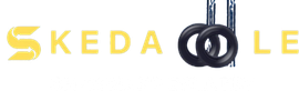Logo of "SKEDALE" with black gymnastic rings.