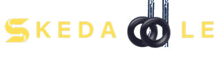 Logo of "SKEDALE" with black gymnastic rings.