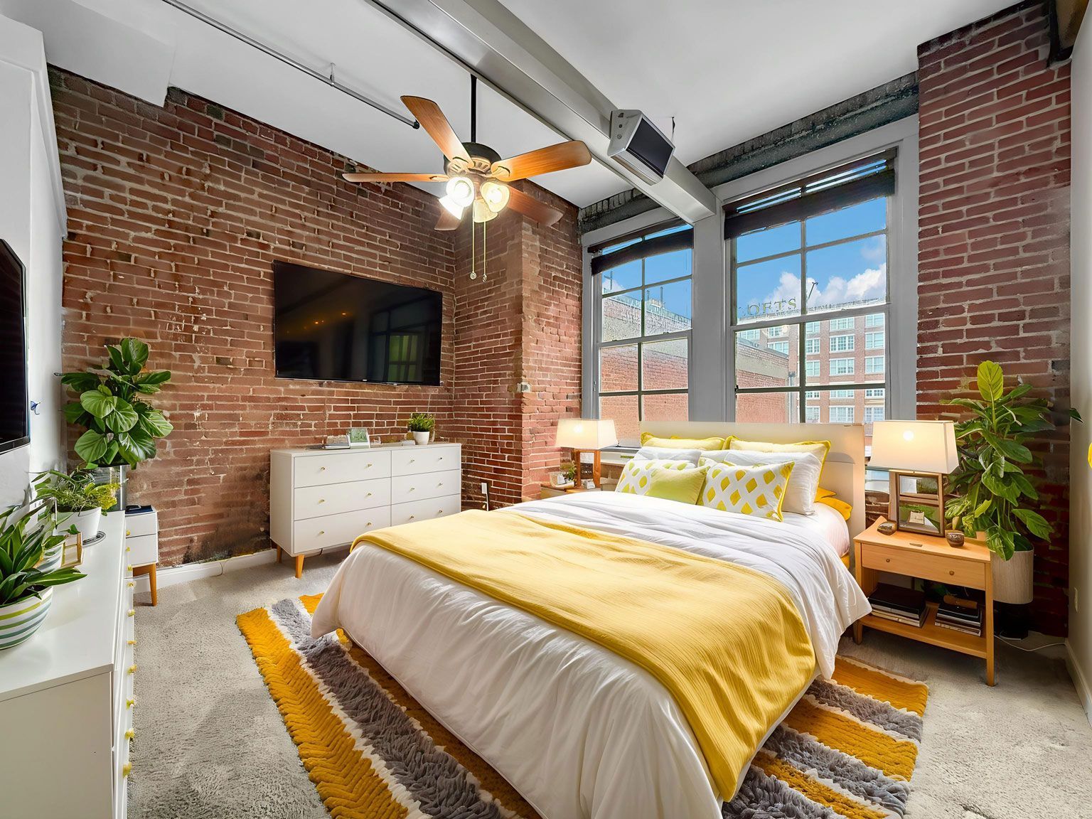 A bedroom with exposed brick walls, a yellow-accented bed, a ceiling fan, and large windows.