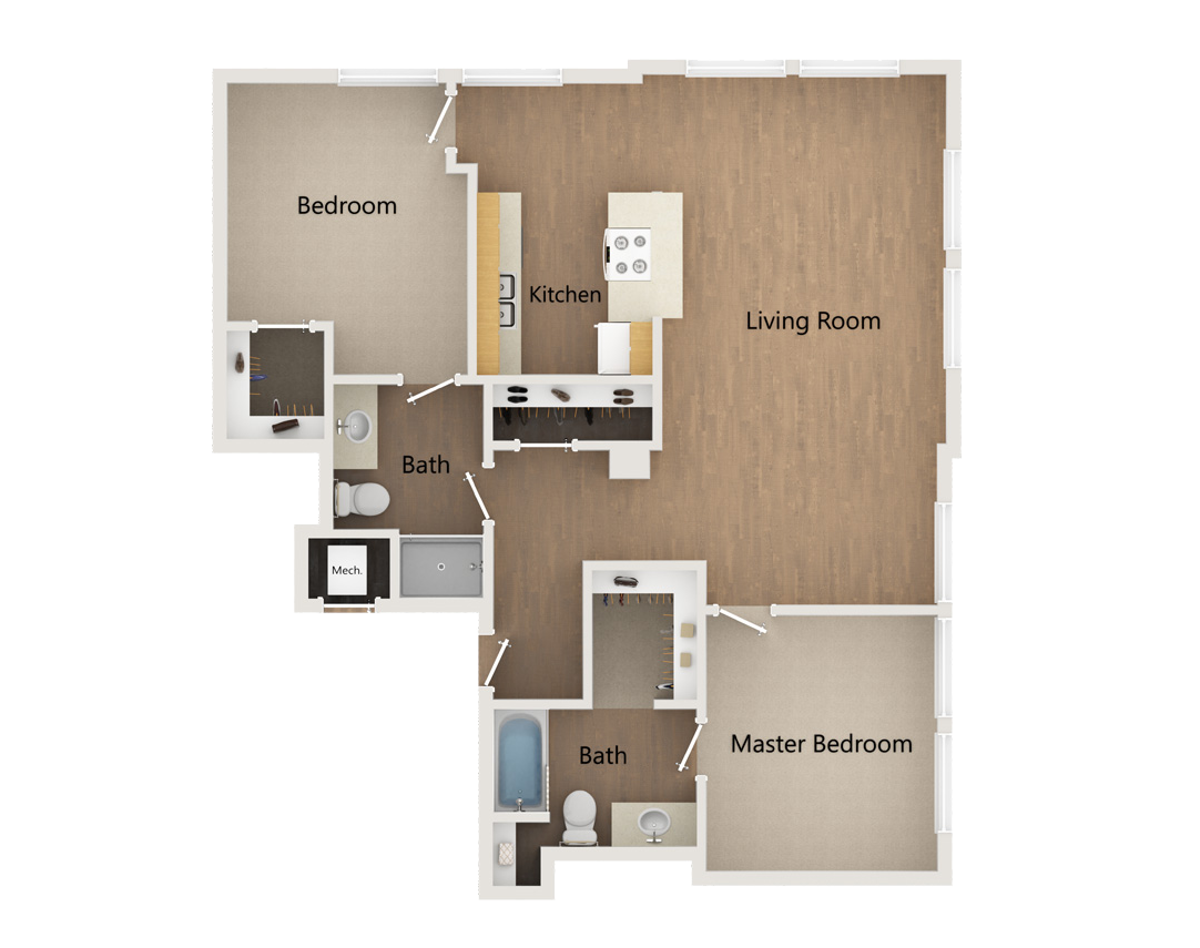 A 2D floor plan of a two-bedroom apartment featuring a central living room, kitchen, two bathrooms, and a laundry closet.