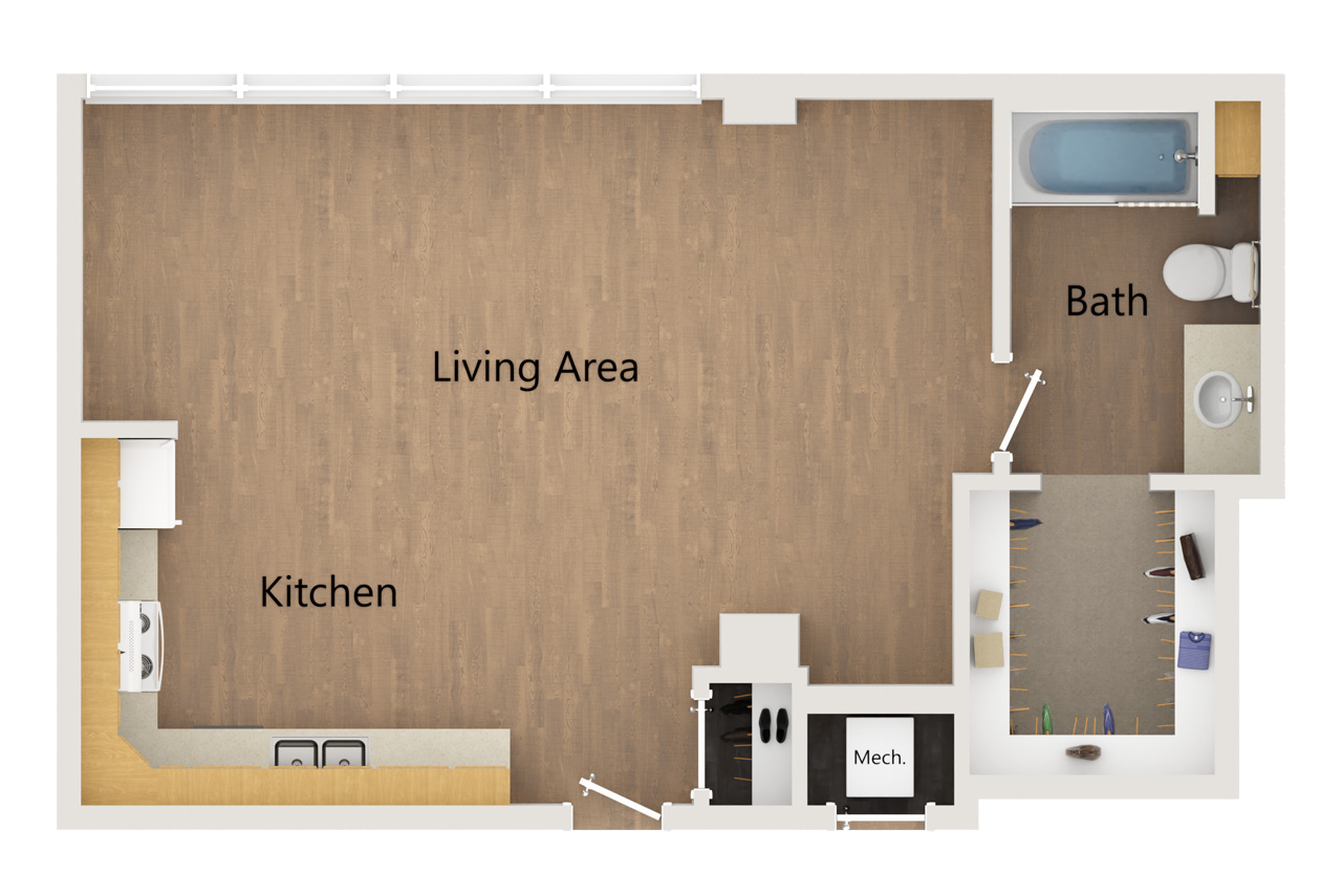 Floor plan for a studio apartment with a kitchen, living area, bathroom, and walk-in closet.