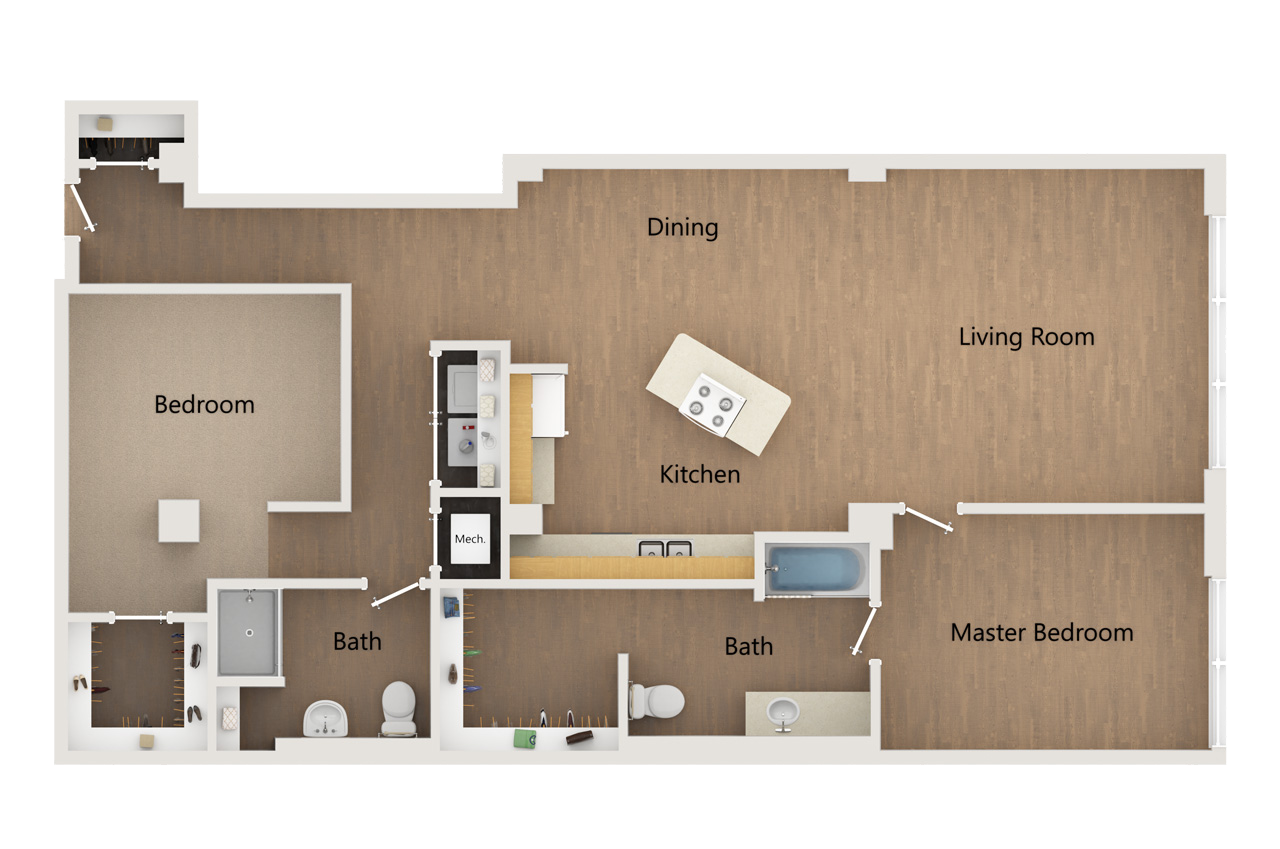 Floor plan of a one-bedroom apartment with a living room, kitchen, dining area, walk-in closet, and two bathrooms.