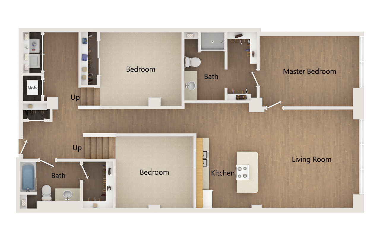 Top-down 3D floor plan of a two-bedroom, two-bathroom apartment with an open-concept kitchen and living room.