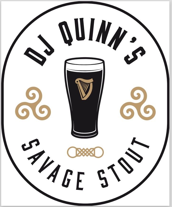 DJ Quinn's Savage Stout logo with pint of stout, triskelions, and Celtic knot in a white and black oval.