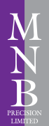 Logo of MNB Precision Limited, with white letters against a purple and gray background.