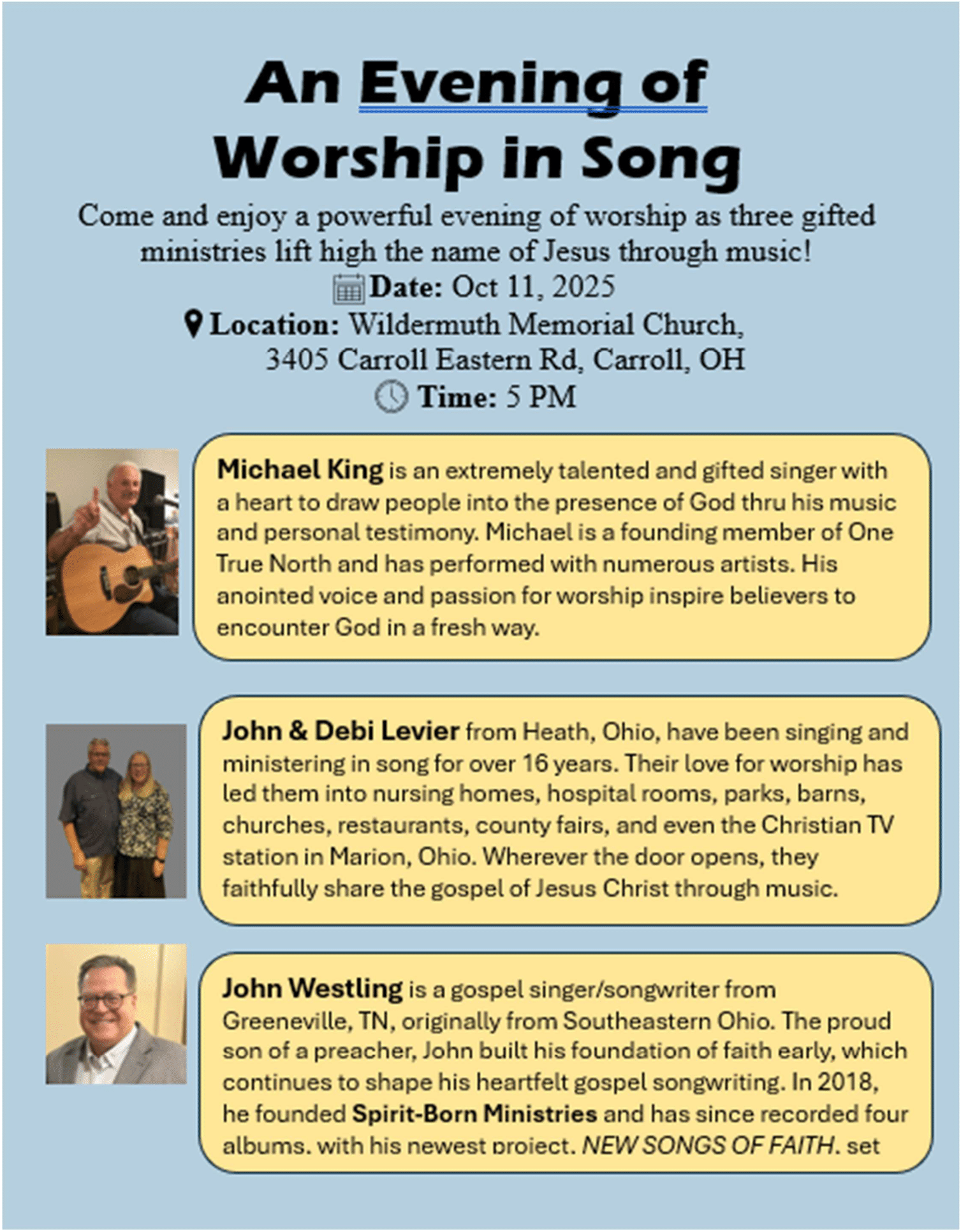 Flyer for a worship event at Widmer Memorial Church with performers Michael King, John & Doris Lawson, and John Obering.
