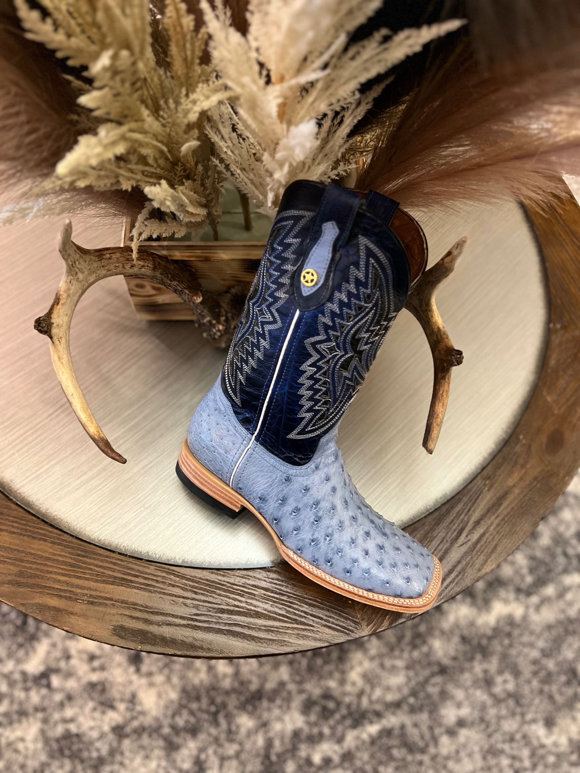 RR Western Mens Exotic Denim Bruciatto Ostrich Cowboy Boots