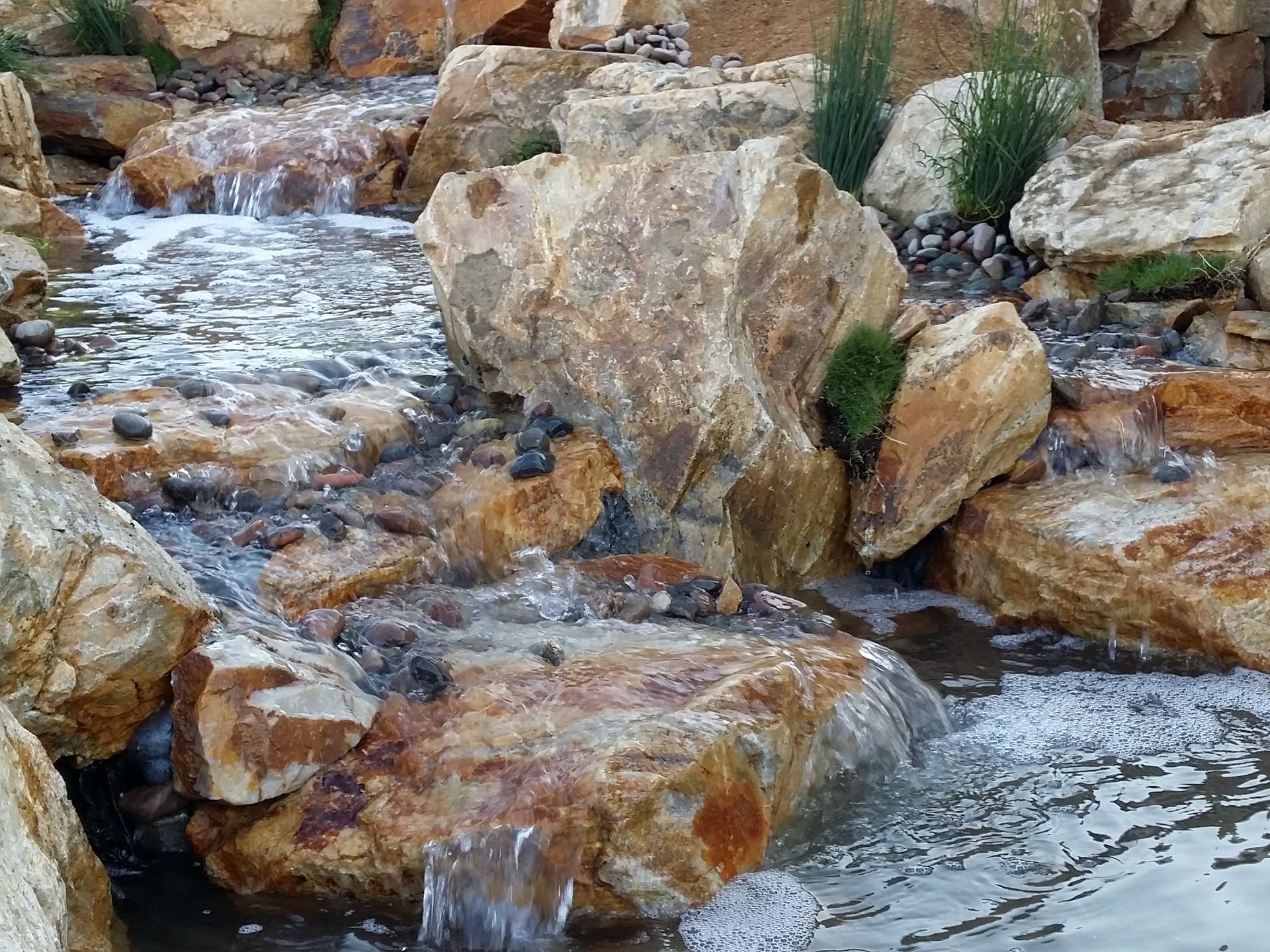 Water cascading over brown and tan rocks in a small stream.