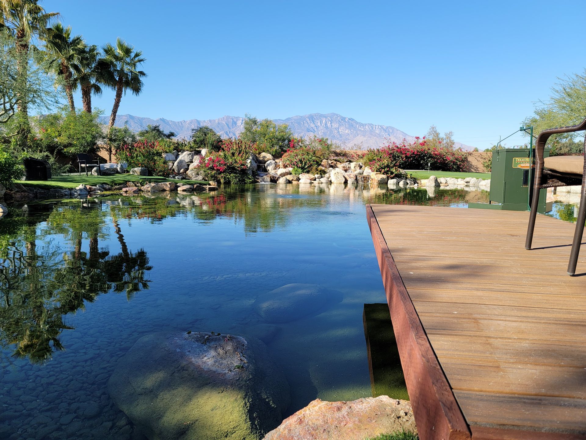 Wooden dock overlooking a pond with palm trees and mountains in the background.