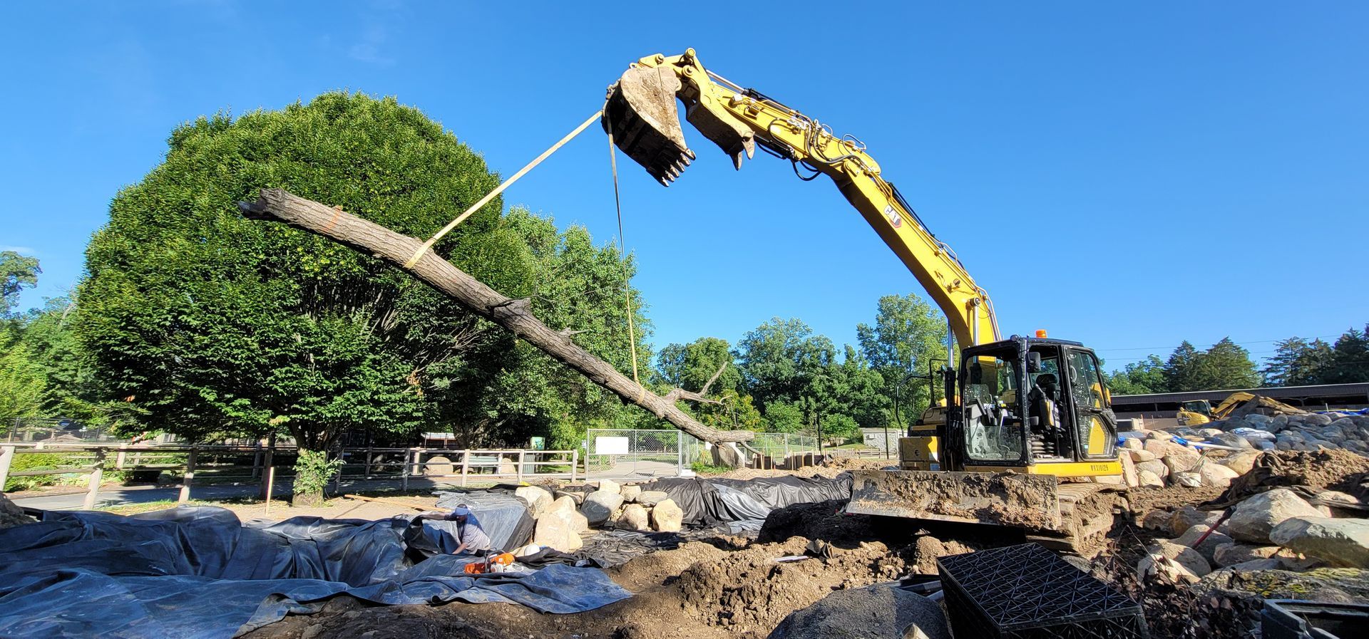 A yellow excavator lifting a large log against a bright blue sky. Construction site.