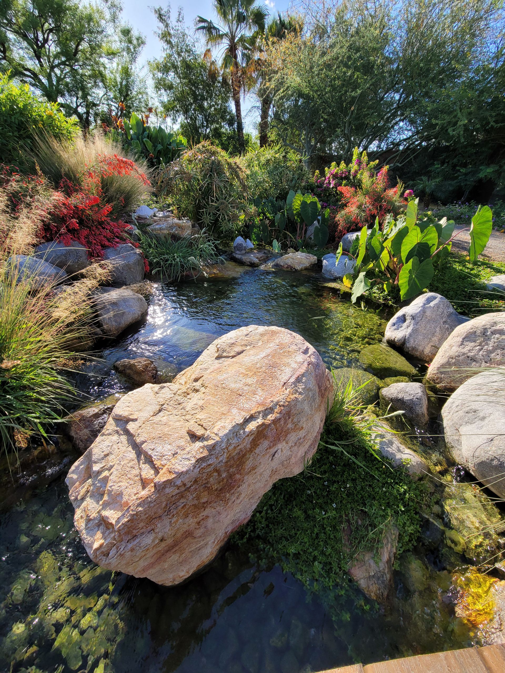 A tranquil garden pond with a large rock in the foreground, surrounded by lush greenery, flowers, and flowing water.