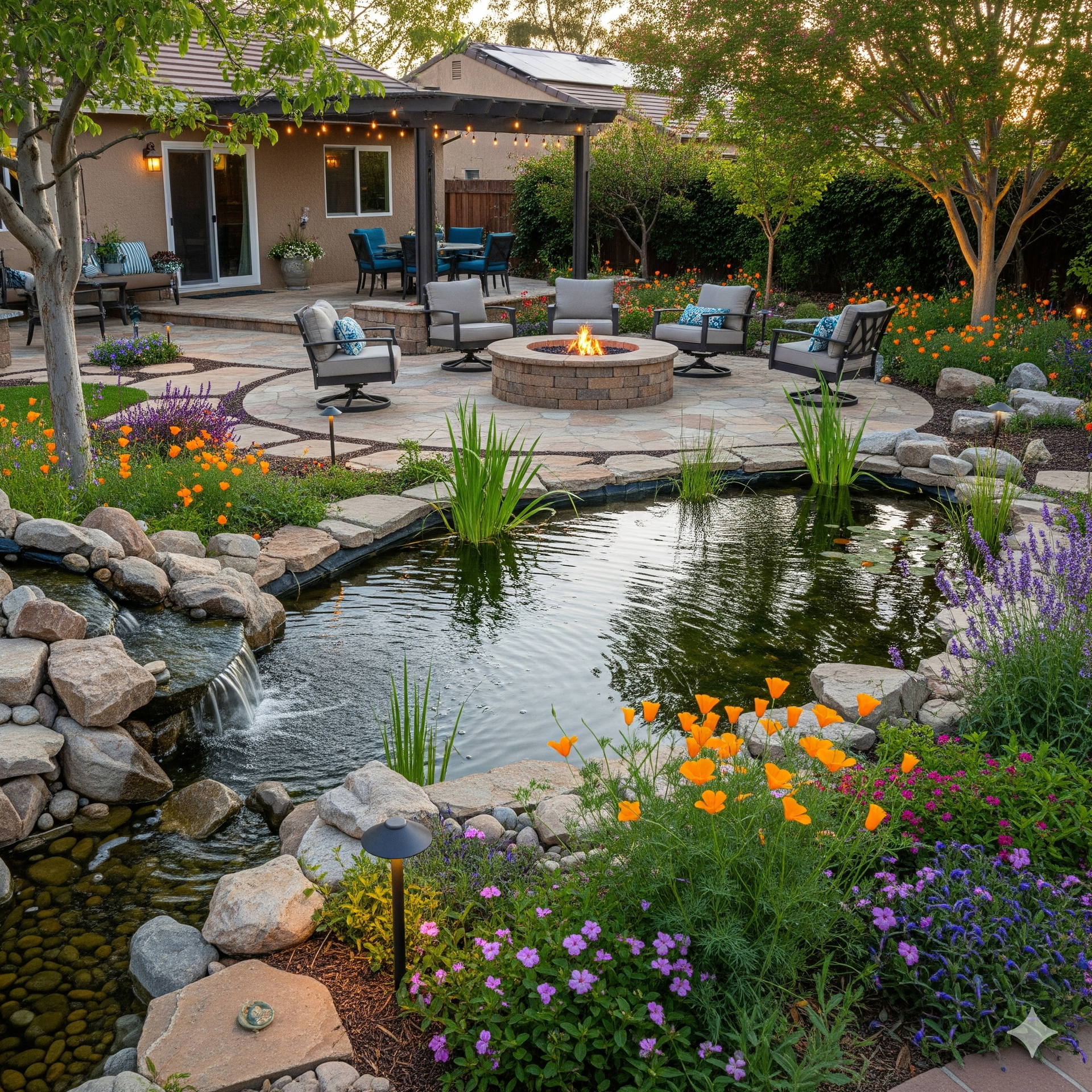 Lush backyard with pond, fire pit, and seating. Flowers in bloom, cascading waterfall, and a sunny, inviting atmosphere.