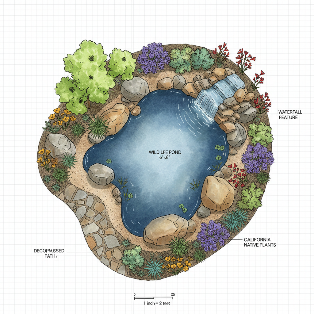 Illustration of a pond surrounded by rocks, plants, and a small waterfall.