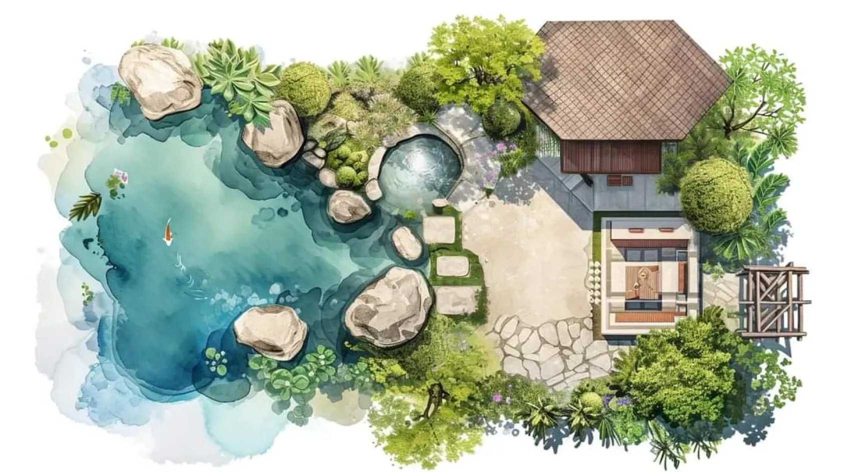 Overhead view of a Japanese garden with a pond, stone path, small house, and lush greenery.