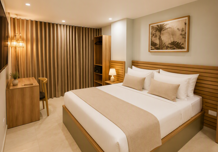 Dormitorio moderno de color beige con una cama bien hecha, escritorio, cortinas y cuadros enmarcados en la pared.