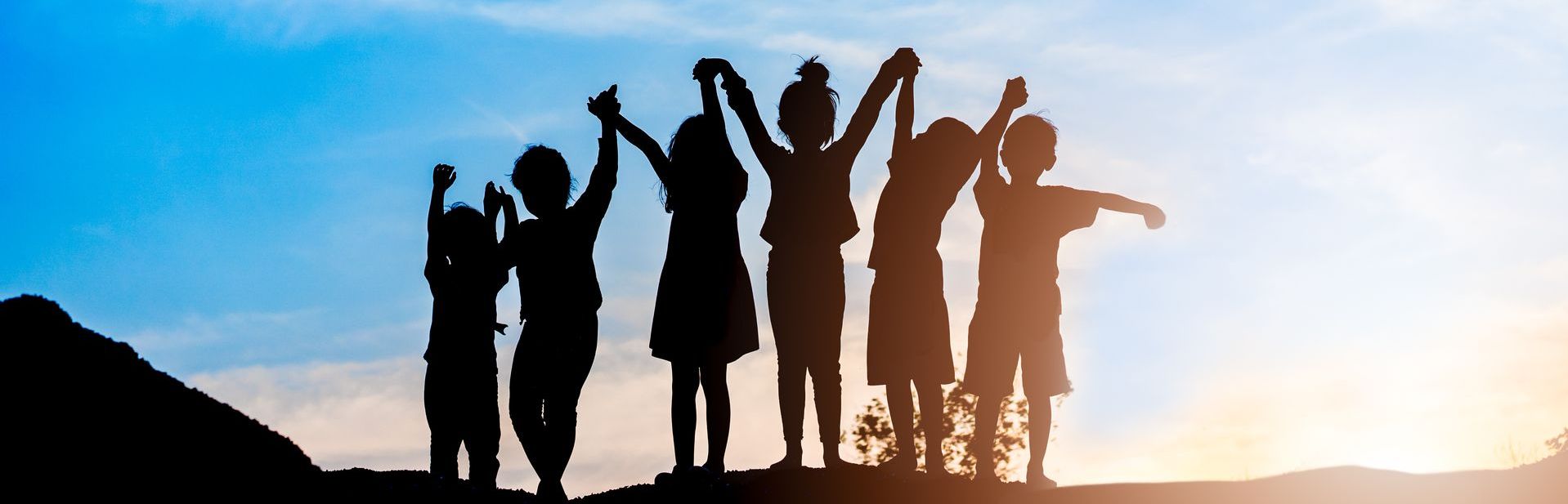 A group of people are standing on top of a hill holding hands.