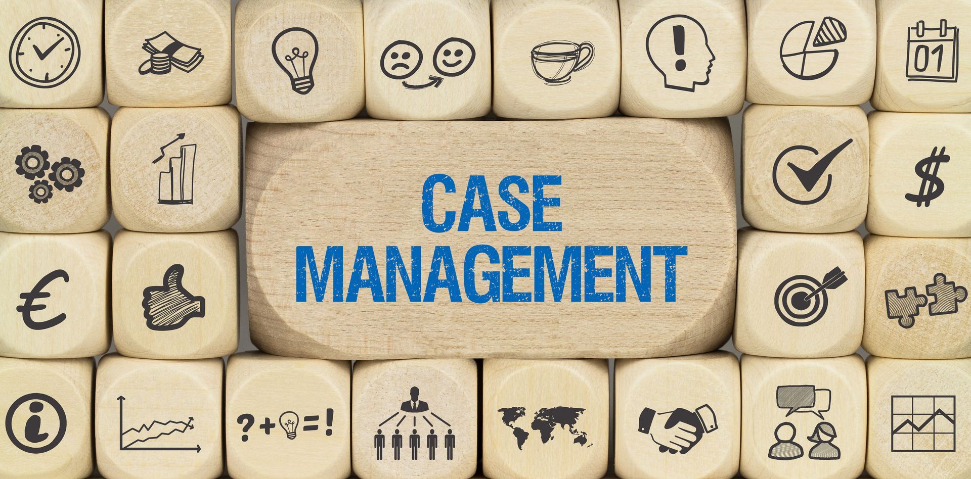 The word case management is written on a wooden block surrounded by icons.