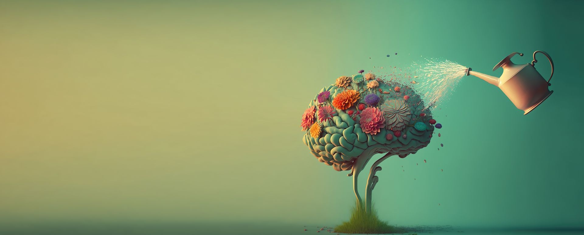A watering can is watering a brain made of flowers.