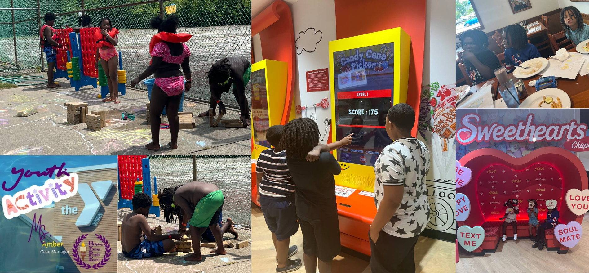 A collage of photos of people playing in a playground