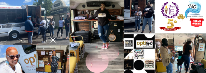 A collage of photos shows a man standing in front of a bus.