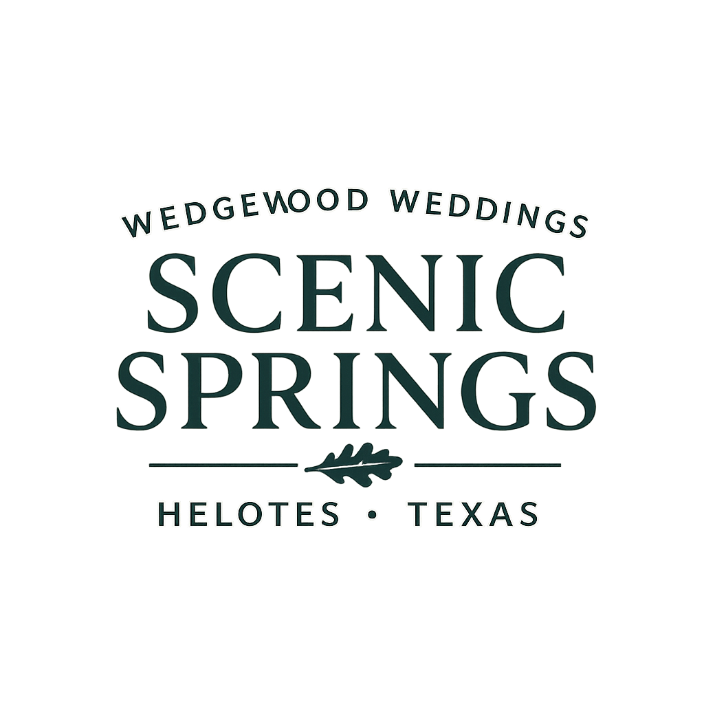 Logo for Wedgewood Weddings Scenic Springs in Helotes, Texas. Features dark green text and an oak leaf.
