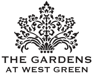Logo for The Gardens at West Green: ornate floral crest above text.