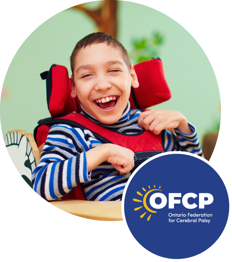 A boy in a wheelchair is smiling next to a logo for ocp