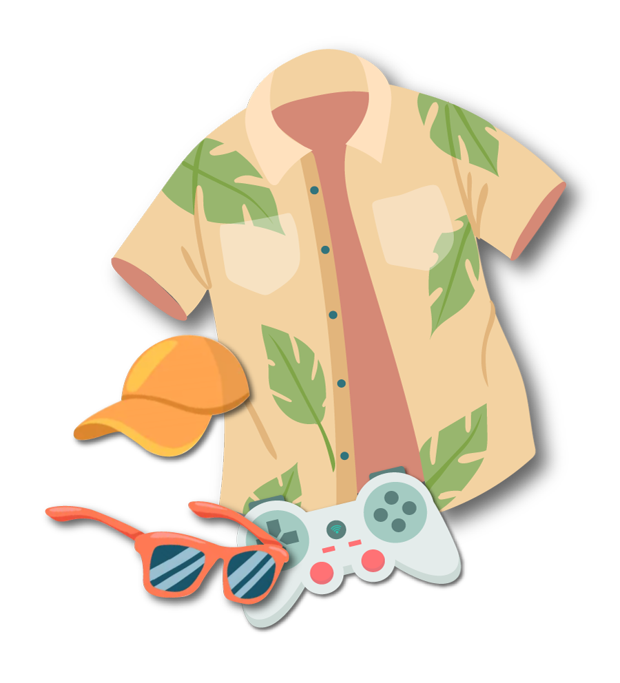 A shirt , tie , hat , sunglasses , and a video game controller.