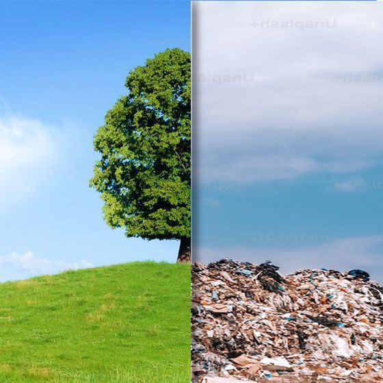 Clean Environment vs. Landfill dump Split screen of a beautiful tree and green grass contrasting with a landfill dump on the other side of the image.