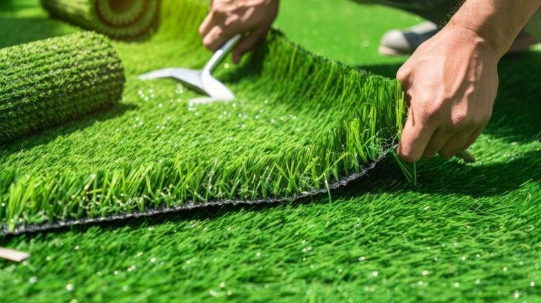 Hands installing bright green artificial grass turf outdoors