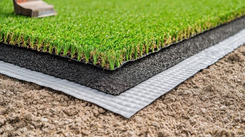 Artificial turf laid over a gray underlayment on a dirt surface