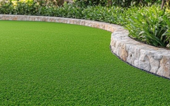 Bright green lawn bordered by a curved stone retaining wall and landscaped shrubs