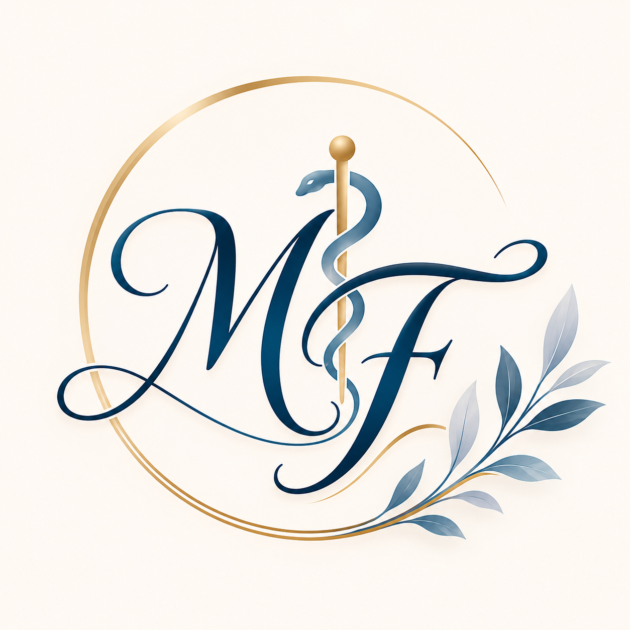 Logotipo con monograma circular dorado con las iniciales “MF” en azul y un símbolo de personal médico con hojas de olivo.
