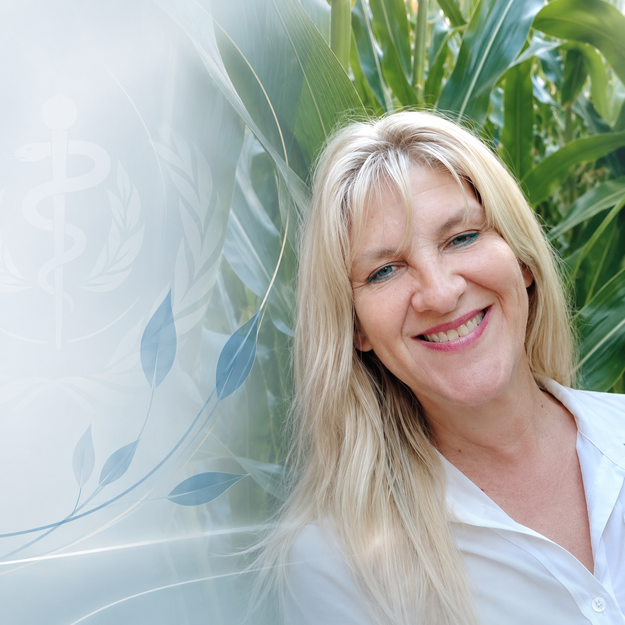 Mujer rubia sonriente con blusa blanca de pie junto a plantas verdes con un fondo abstracto azul suave.
