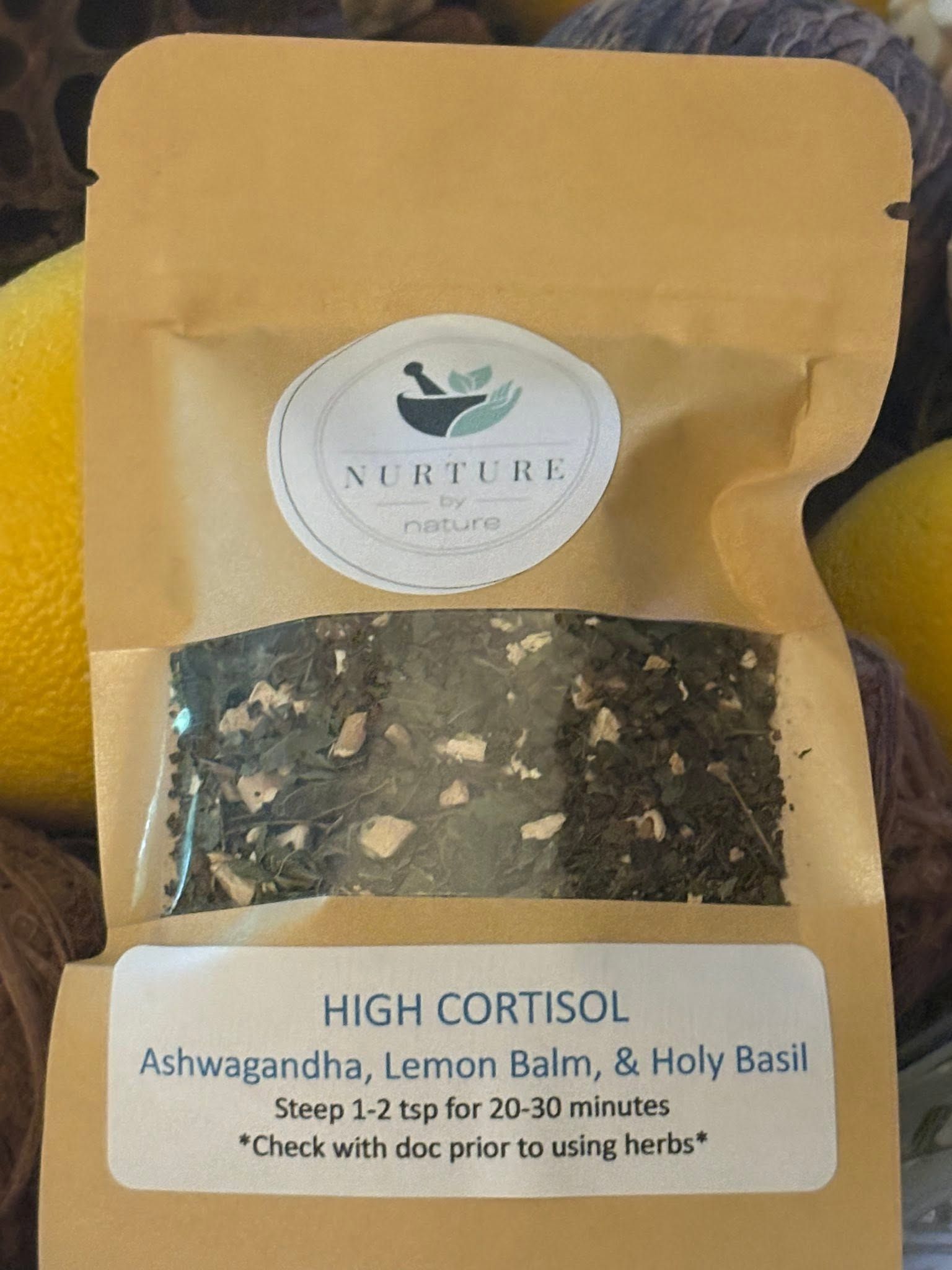 Herbal tea pouch labeled “High Cortisol” with ashwagandha, lemon balm, and holy basil.