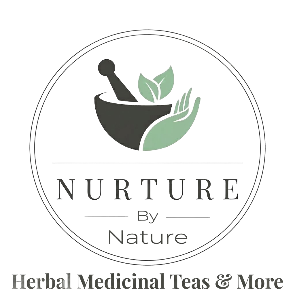 Logo for Nurture by Nature with green leaf mortar and pestle and “Herbal Medicinal Teas & More” text
