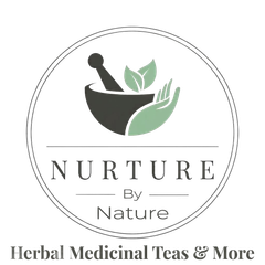 Logo for Nurture by Nature with green leaf mortar and pestle and “Herbal Medicinal Teas & More” text