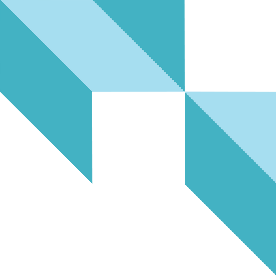 A geometric design featuring two overlapping light and dark blue squares on a white background, forming an abstract shape.