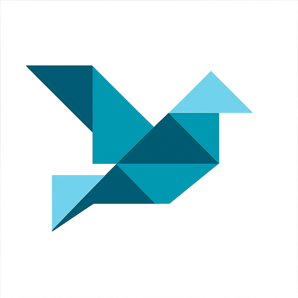 A stylized origami-style bird made of geometric shapes in shades of blue.