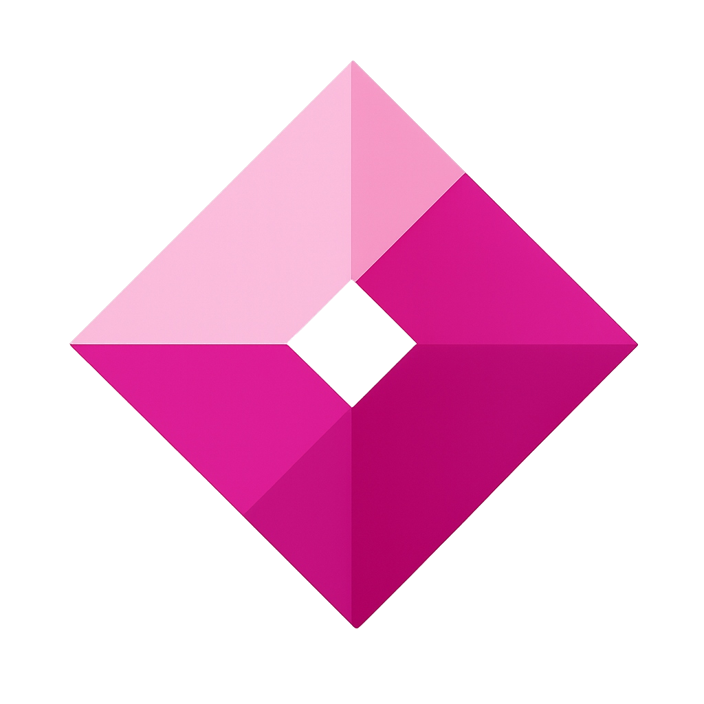 A square icon rotated 45 degrees, featuring four triangular segments in shades of light and dark magenta around a white center.