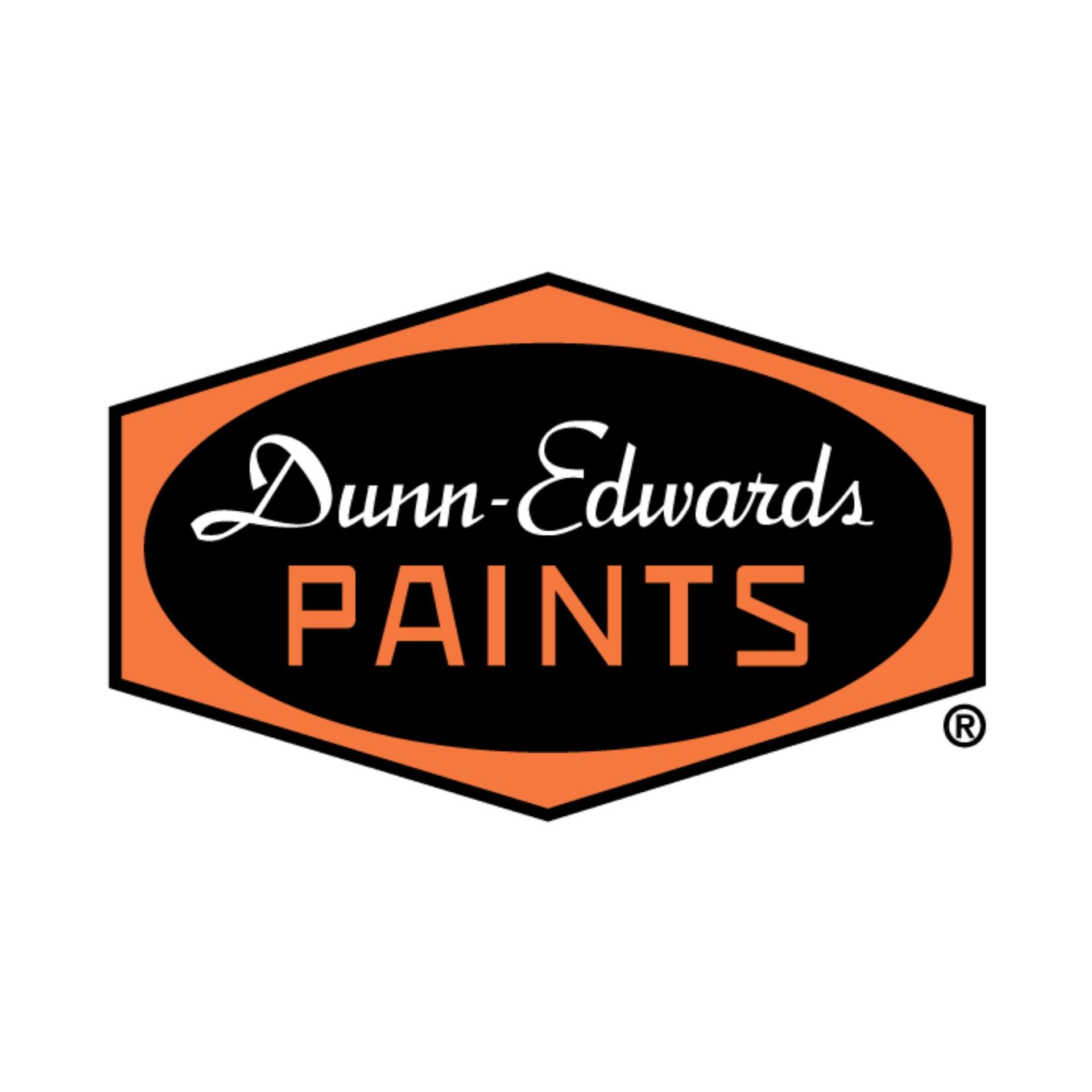 The dunn-edwards paints logo is a black and orange oval.