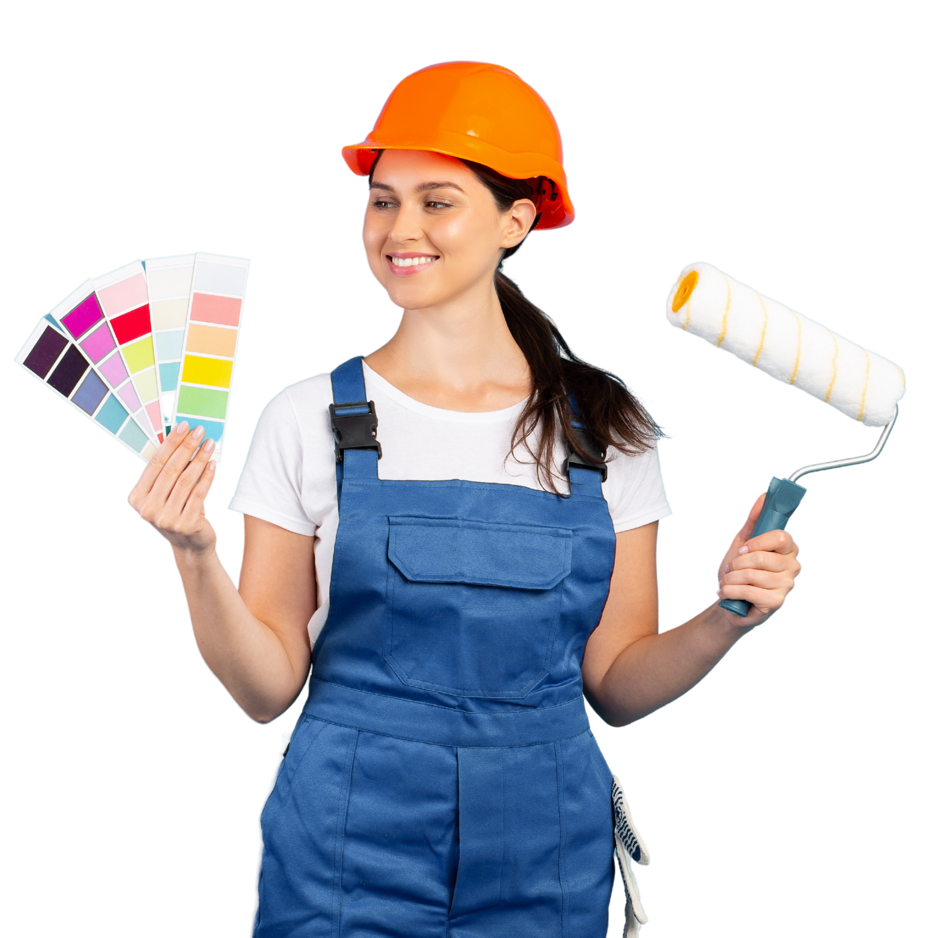 A woman wearing a hard hat is holding a paint roller and a palette of colors.