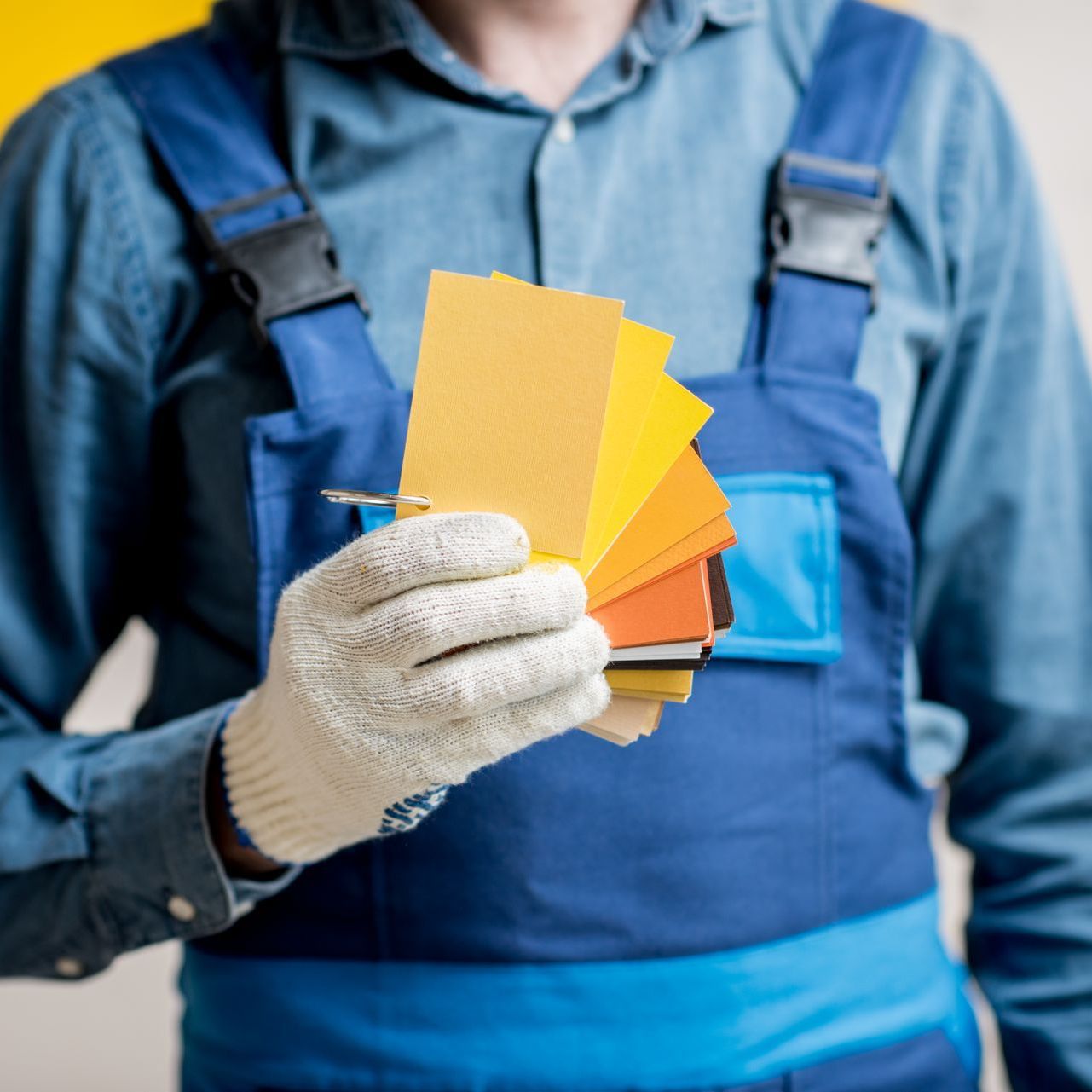 A man in overalls is holding a palette of paint samples.