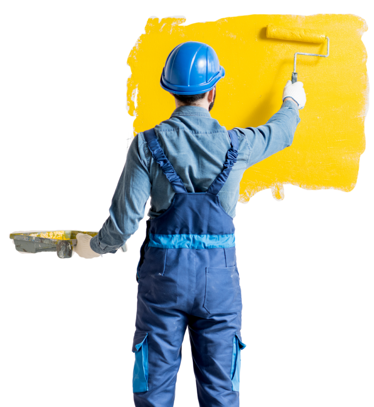 A man is painting a yellow wall with a roller.