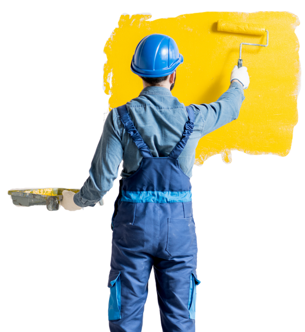 A man is painting a yellow wall with a roller.