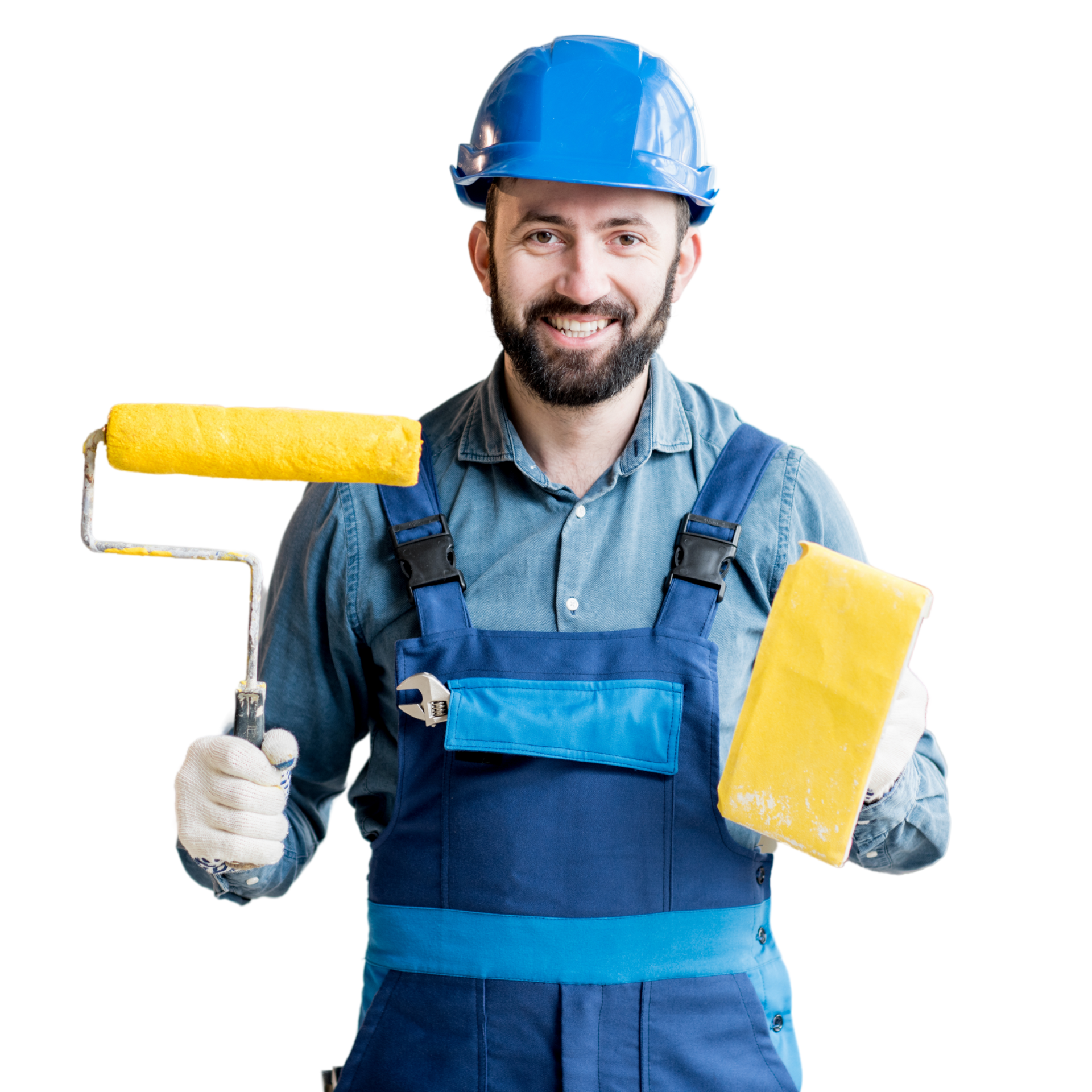 A man wearing a hard hat is holding a paint roller and a yellow brick.