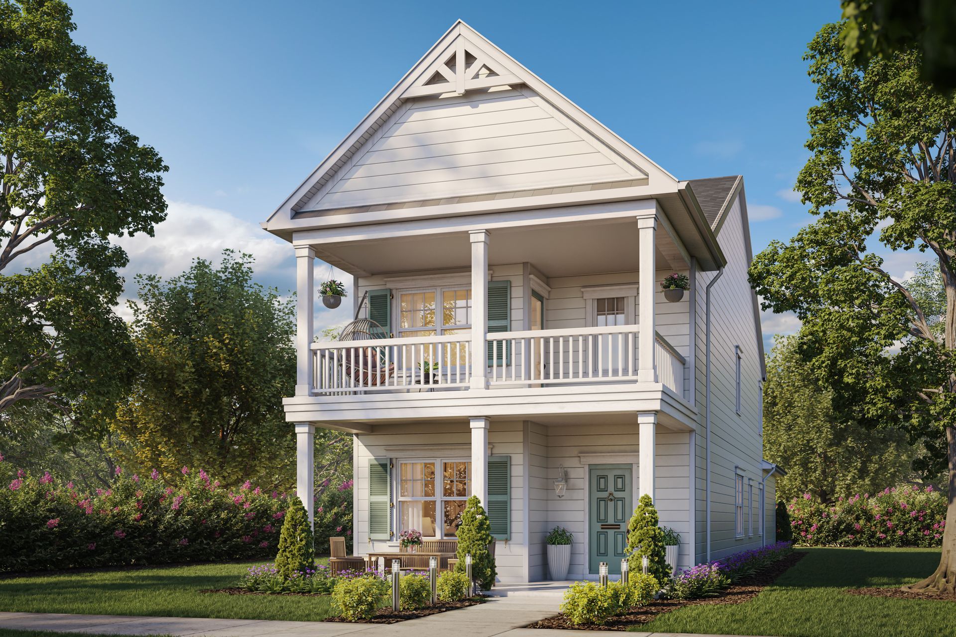 An artist 's impression of a white house with a large porch.