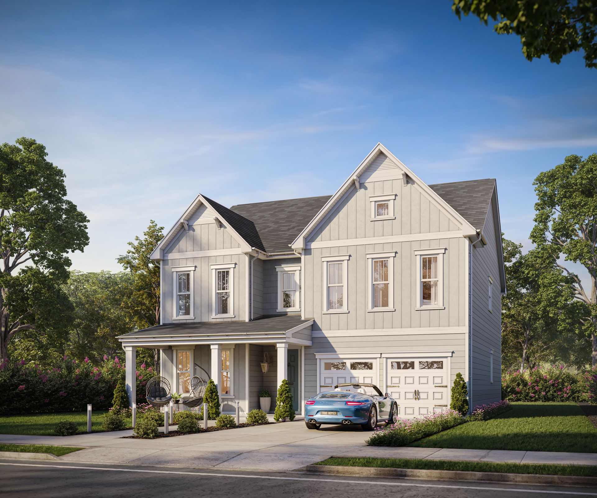 An artist 's impression of a house with a car parked in front of it.