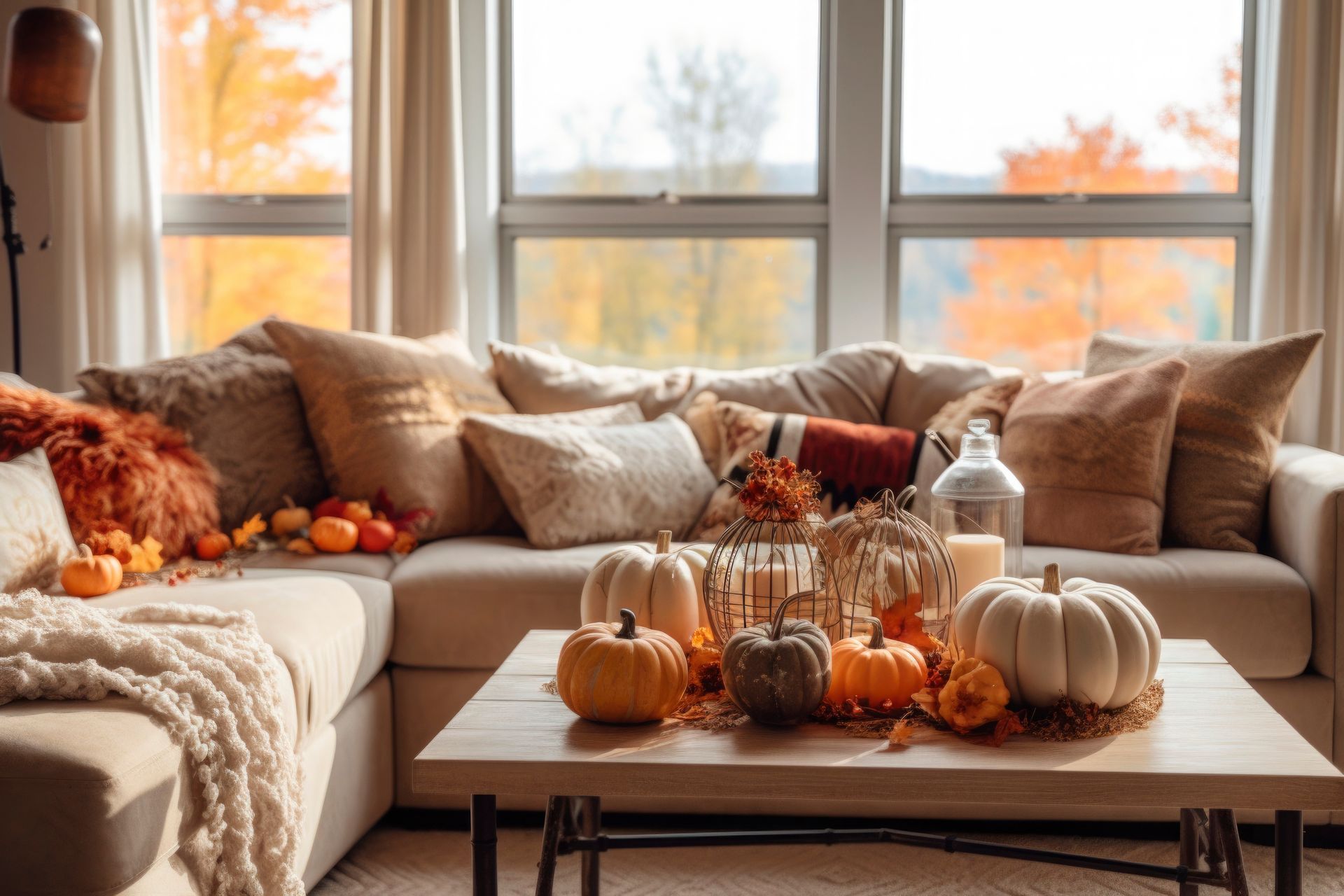 A living room decorated for fall with a couch , table , and pumpkins.
